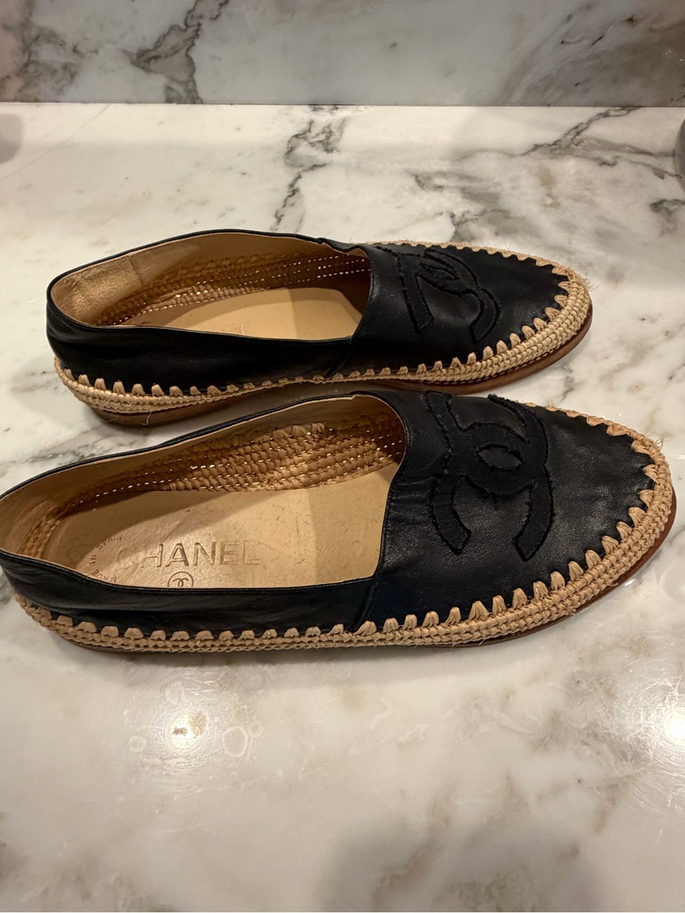 CHANEL Black Leather Espadrille Slip-On Loafers with Tan Trim - Picture 2 of 4